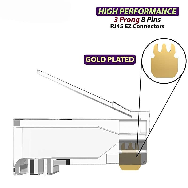 CAT5 CAT5e Passthrough Connectors (50 PCS),Gold Plated 3 Micron 3u, High Performance 3 Prong Pins (CAT5/5e/50 PCS) (Packaging may vary)