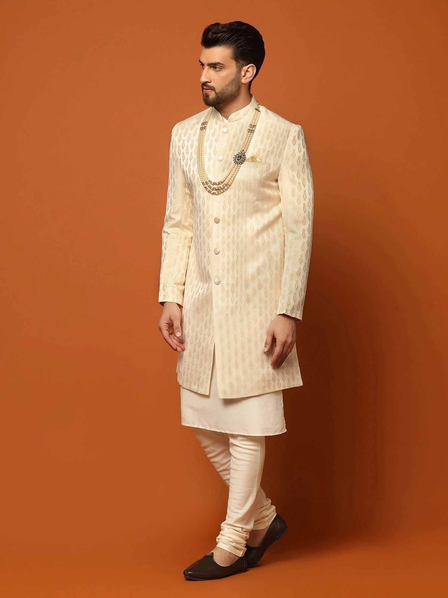 KISAH Peach Cotton Regular Fit Self Pattern Sherwani Set