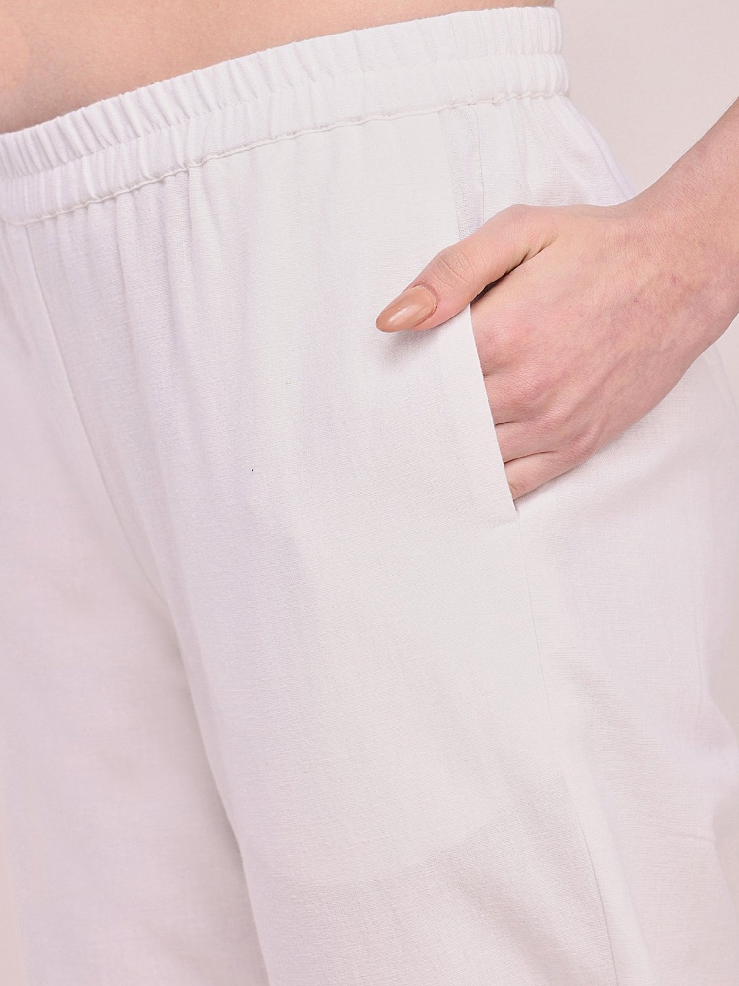 Pink Fort White Cotton Relaxed Fit Pants