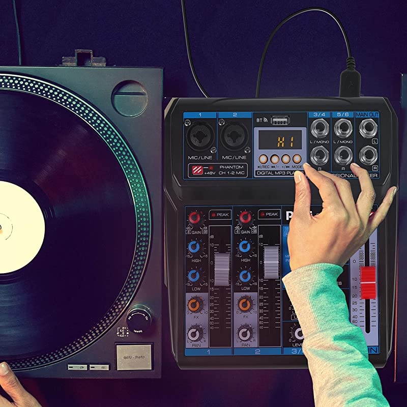 Professional Wireless DJ Audio Mixer - 6-Channel Bluetooth Compatible DJ Controller Sound Mixer w/DSP Effects, USB Audio Interface, Dual RCA in, XLR/1/4 Microphone in, Headphone Jack- PMX44T.5