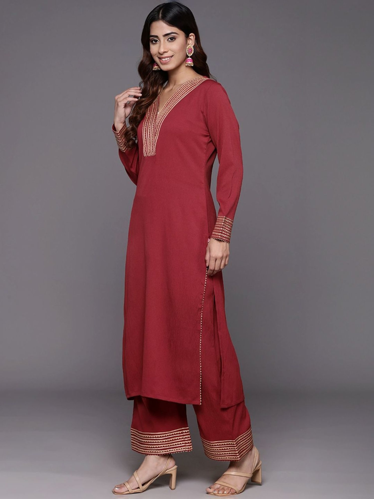 Varanga Maroon Embellished Kurta Palazzo Set With Dupatta
