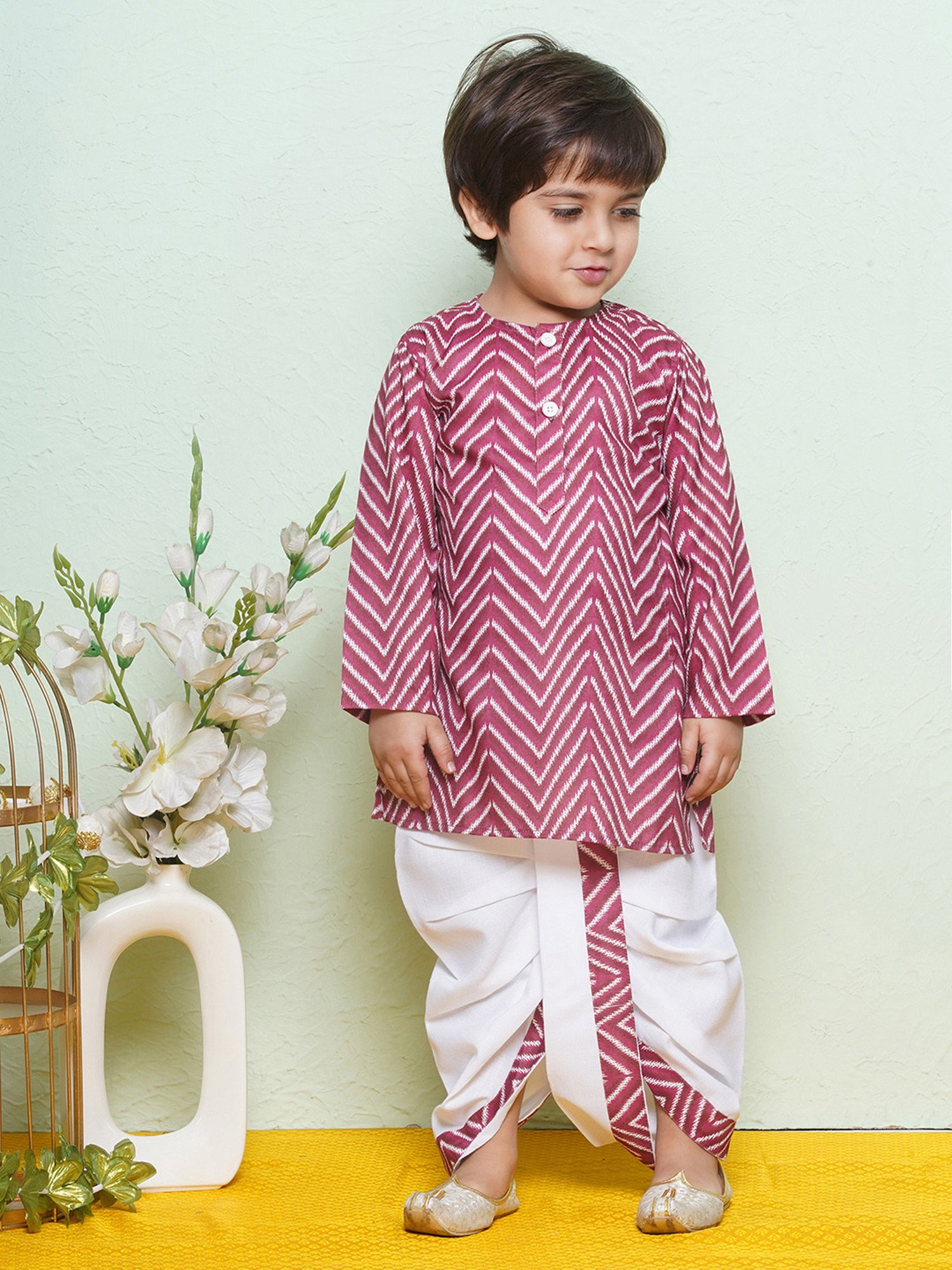 AJ Dezines Kids Maroon & White Printed Full Sleeves Kurta with Dhoti