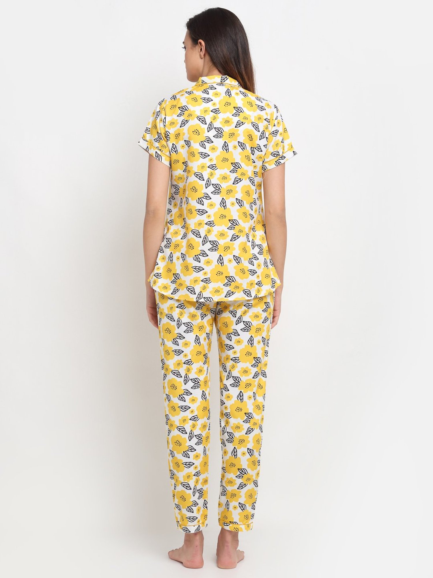 Erotissch White & Yellow Floral Print Shirt Pyjama Set