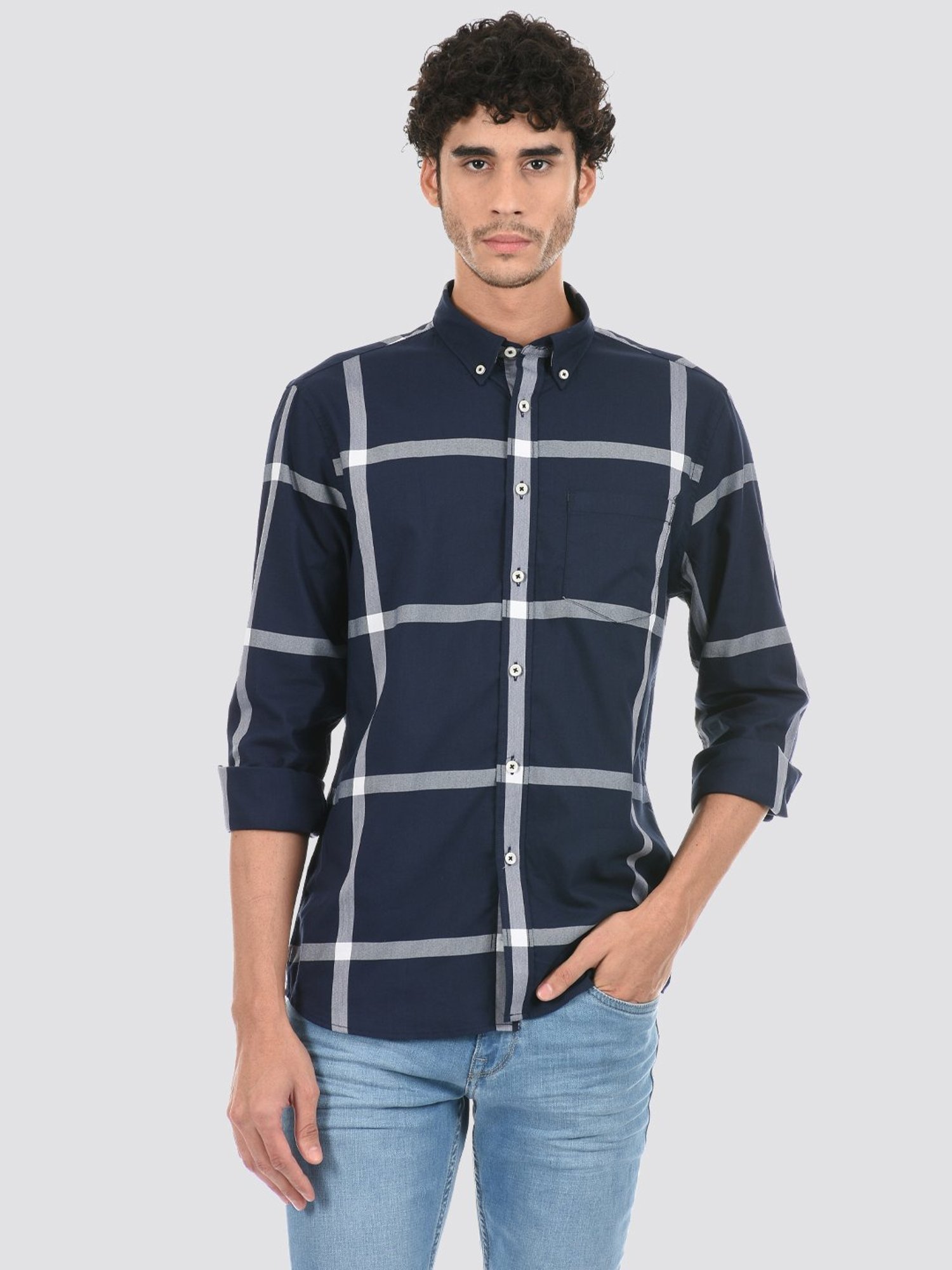 London Fog Navy Blue Regular Fit Checks Shirt