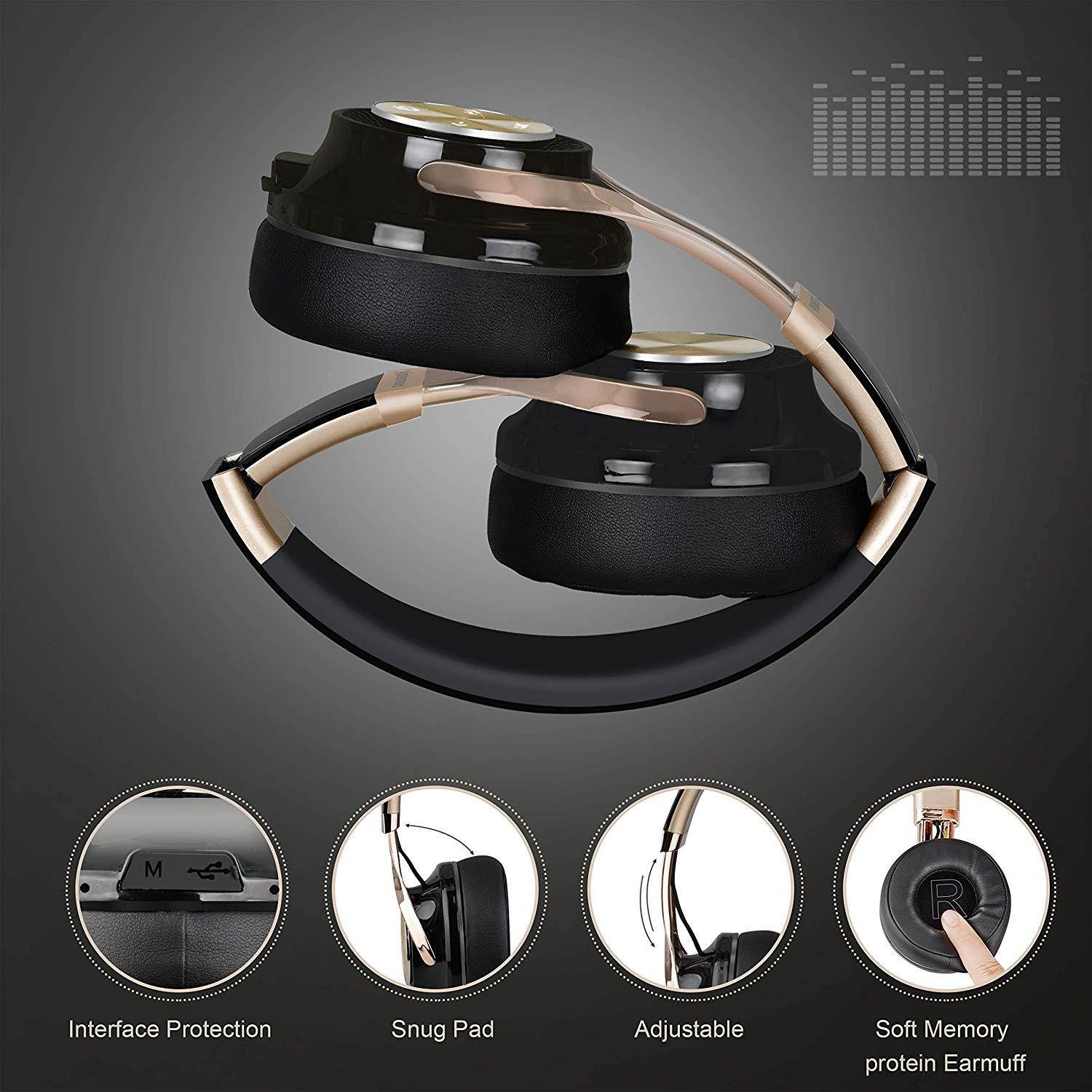 Bluetooth Headphones, Riwbox XBT-880 Wireless Bluetooth Headphones Over Ear with Microphone and Volume Control Wireless and Wired Foldable Headset for iPhone/iPad/ PC/Cell Phones/TV (Black&Gold)