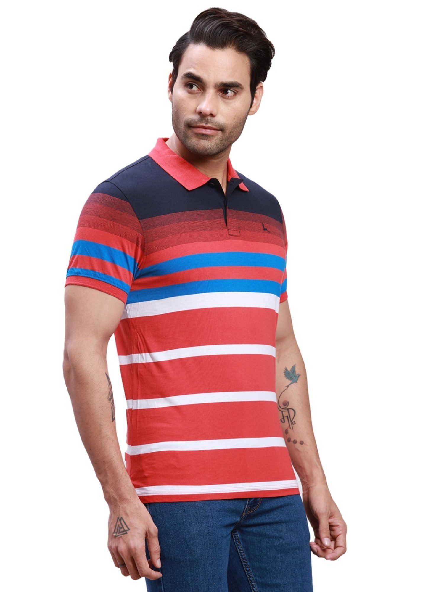 Parx Red Cotton Regular Fit Striped Polo T-Shirt