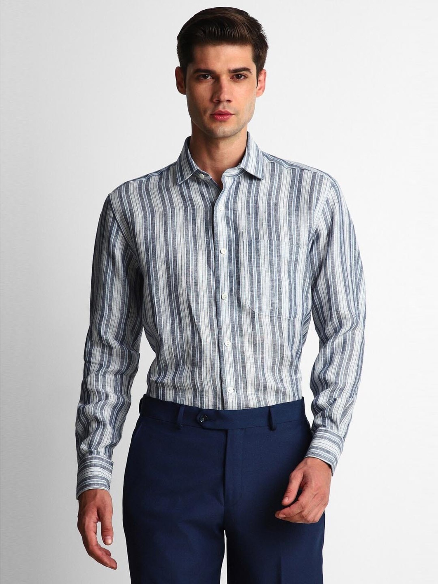 Luxure By Louis Philippe Grey Linen Regular Fit Striped Shirt