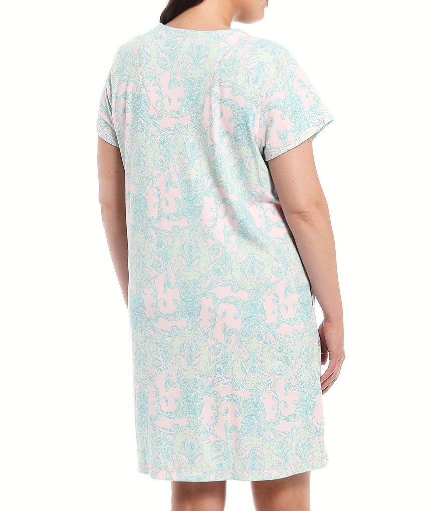 Miss Elaine Plus Paisley Print Interlock Knit Grip-Front Short Robe
