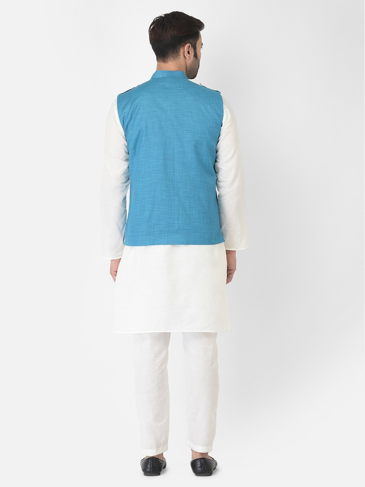 Deyann Blue & White Cotton Regular Fit Kurta Set With Jacket