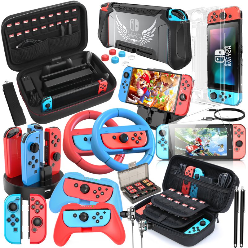 HEYSTOP Compatible with Nintendo Switch Case 25 in 1Switch Accessories Gift Kit Protective Case Screen Protector Thumb Grip Cap Joycon Charger Wheel Grip TPU Case PlayStand Game Card Box Epic Pack