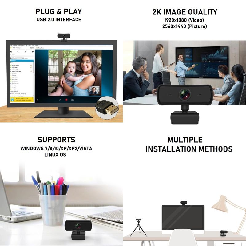 Dartwood 2K QHD USB Webcam with Built-in Microphone and Lens Cover for Conferences and Presentations