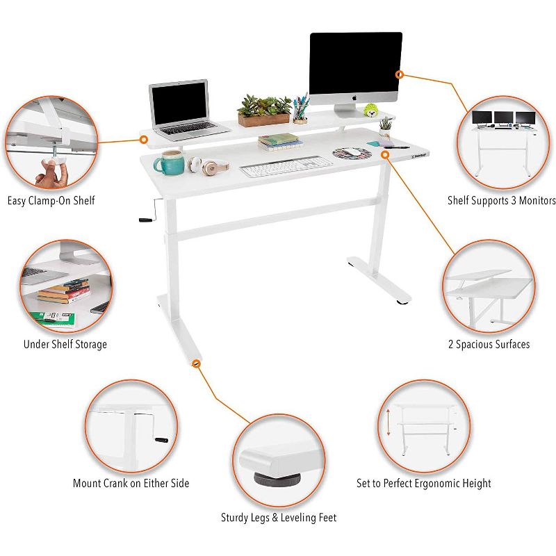 Tranzendesk Standing Desk with Clamp-On Shelf - 55" Sit to Stand Workstation with 55" Monitor Stand - White - Stand Steady