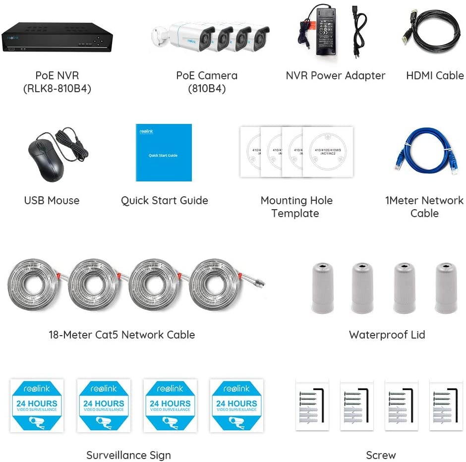 Reolink 8CH 4K Security Camera System 4pcs 8MP Smart Person/Vehicle Detection Wired Outdoor PoE IP Cameras and 8CH 2TB HDD NVR for 24/7 Recording, Remote Access, RLK8-810B4-A