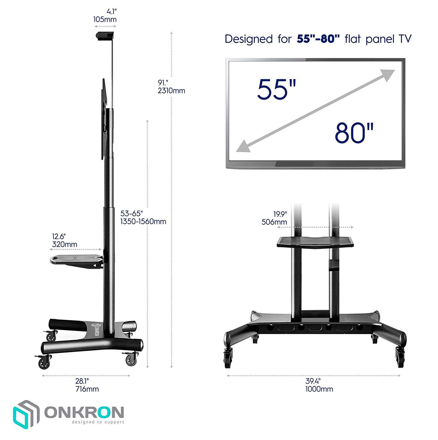 ONKRON Mobile TV Stand with Wheels Rolling TV Cart for 55 to 80 Inch LCD LED Flat Panel TVs (TS1881)