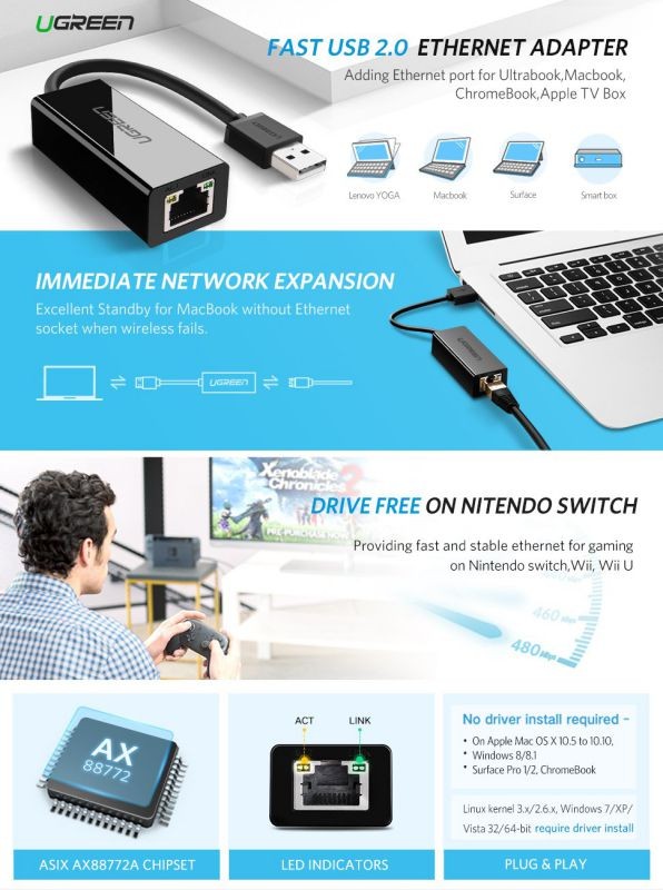 LUOM Ethernet Adapter USB 2.0 to 10/100 Network RJ45 Lan Wired Adapter for Nintendo Switch, Wii, Wii U, Macbook, Chromebook, Windows 10, 8.1, Mac OS, Surface Pro, Linux ASIX AX88772 Chipset (White)