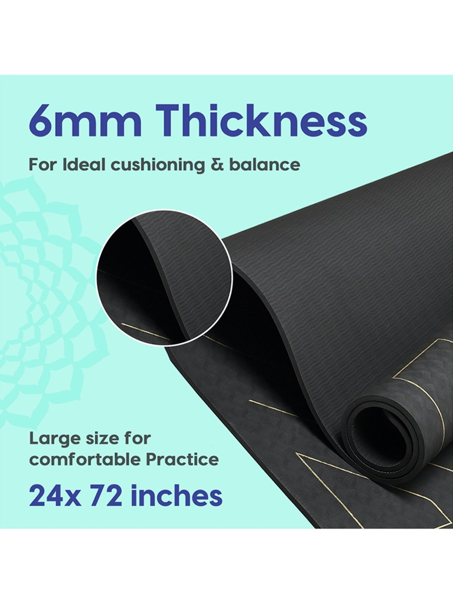 WiseLife TRU Alignment Yoga Mat + Sleek Yoga Strap for Men and Women (Black)