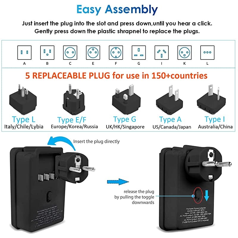2000W Worldwide Travel Adapter KitUniversal Electrical Adapters 2 USB Ports 2 US Outlets Travel Power ChargerInternational Travel Adapter Plug for Europe UK Australia Italy China Ireland
