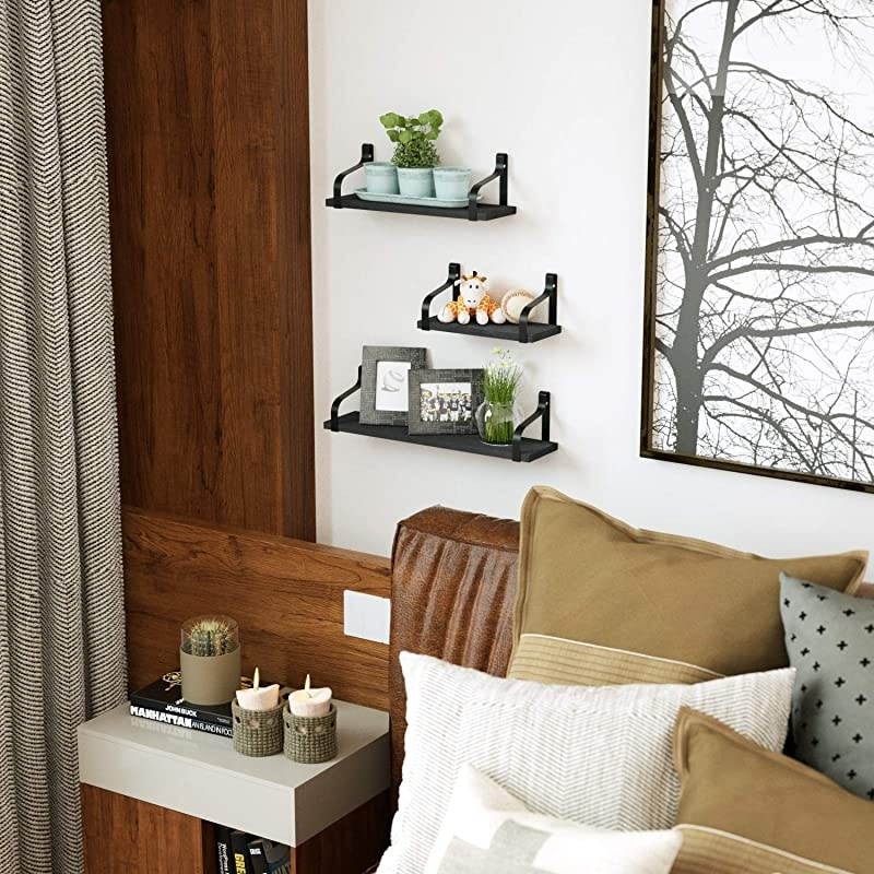 Floating Shelves Wall Mounted Rustic Wood Wall Shelves Set of 3 for Bedroom Living Room Bathroom Kitchen Black