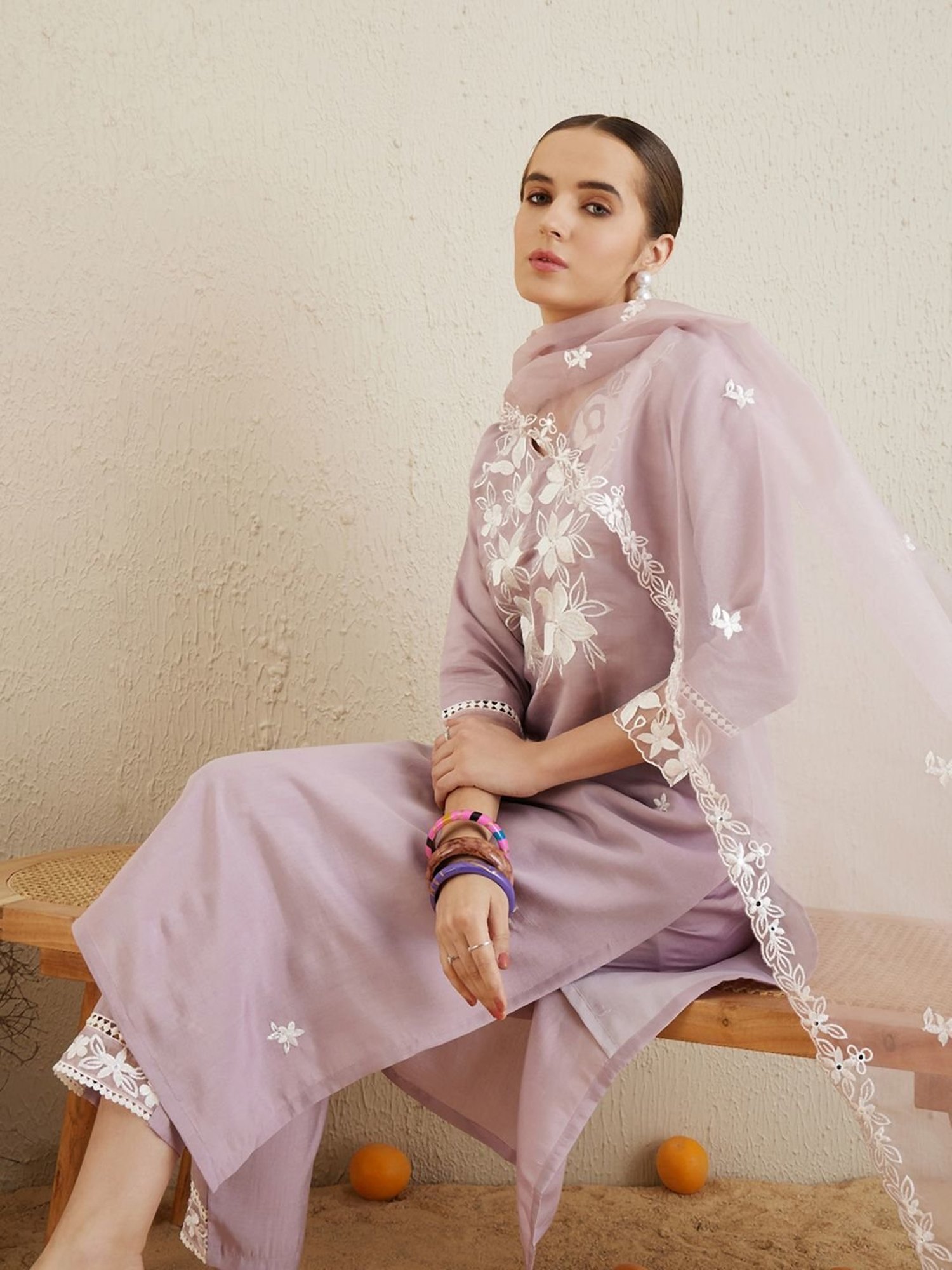 Indo Era Purple Embroidered Kurta Pant Set With Dupatta