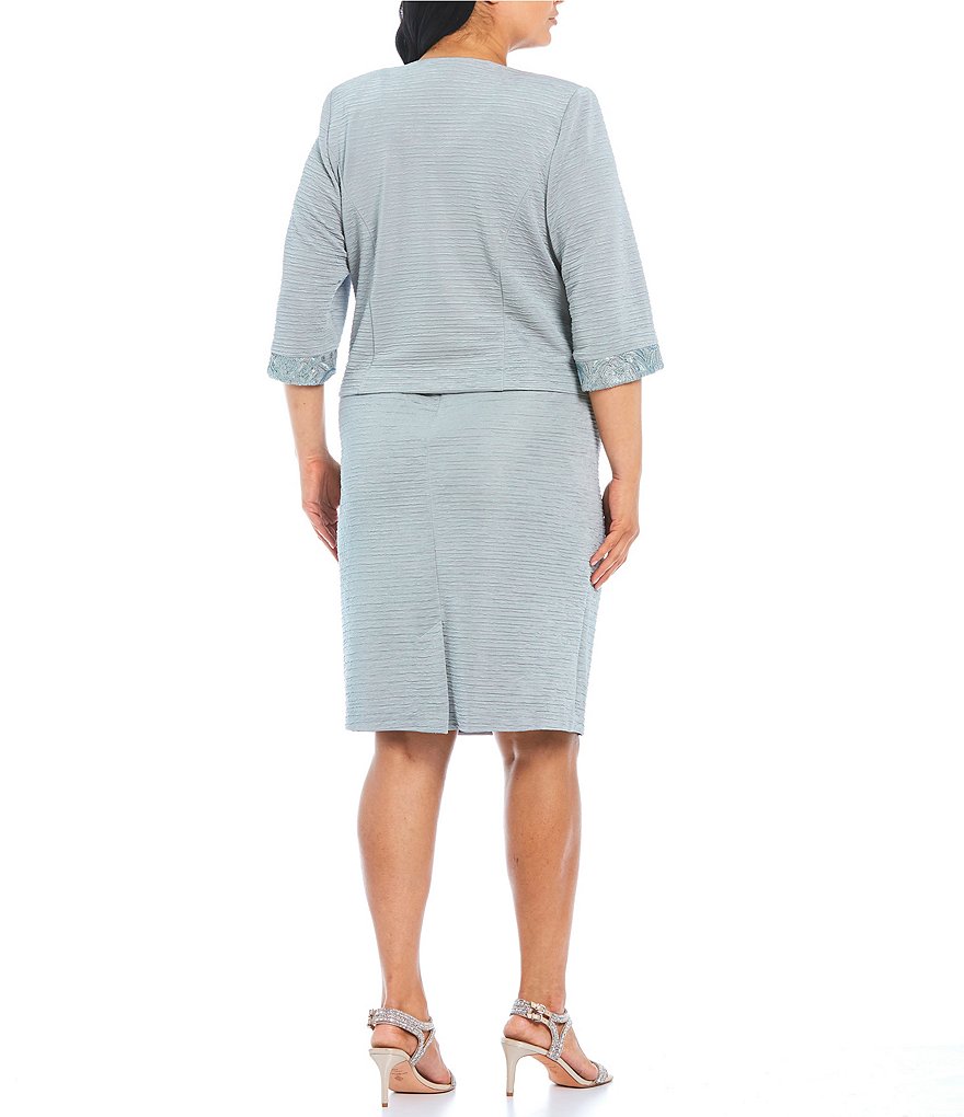 Le Bos Plus Size 3/4 Sleeve Round Neck Embroidered Mesh Trim Textured 2-Piece Jacket Dress