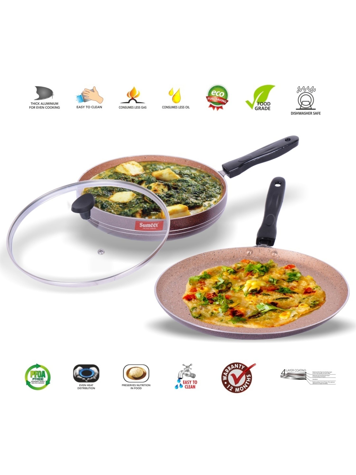 Sumeet Nonstick Granite Finish FAMOUS 2pc set (Dosa Tawa+Fry Pan With GlassLid-1.8Ltr-24cmDia)