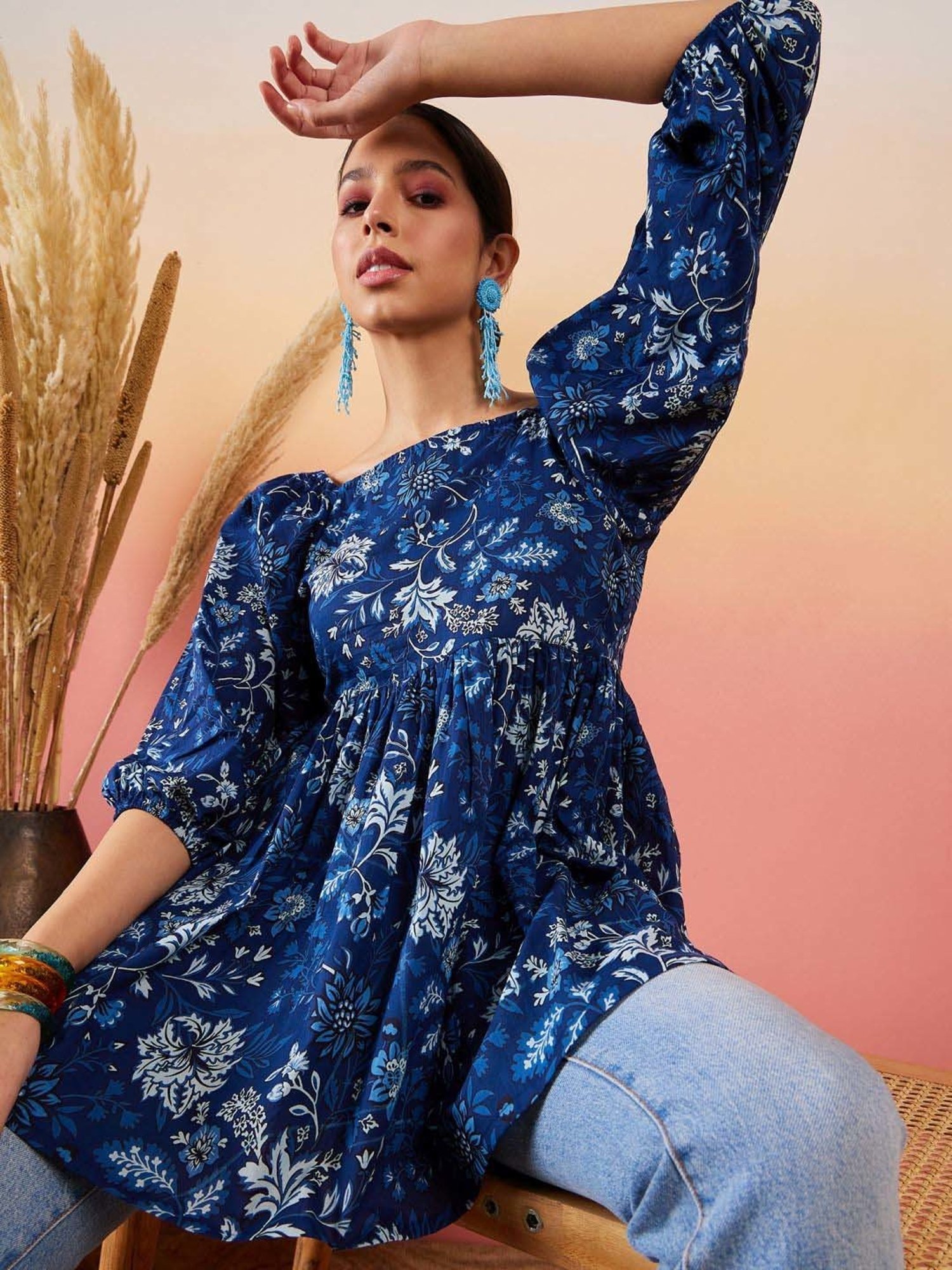 Inweave Blue Cotton Floral Print Top