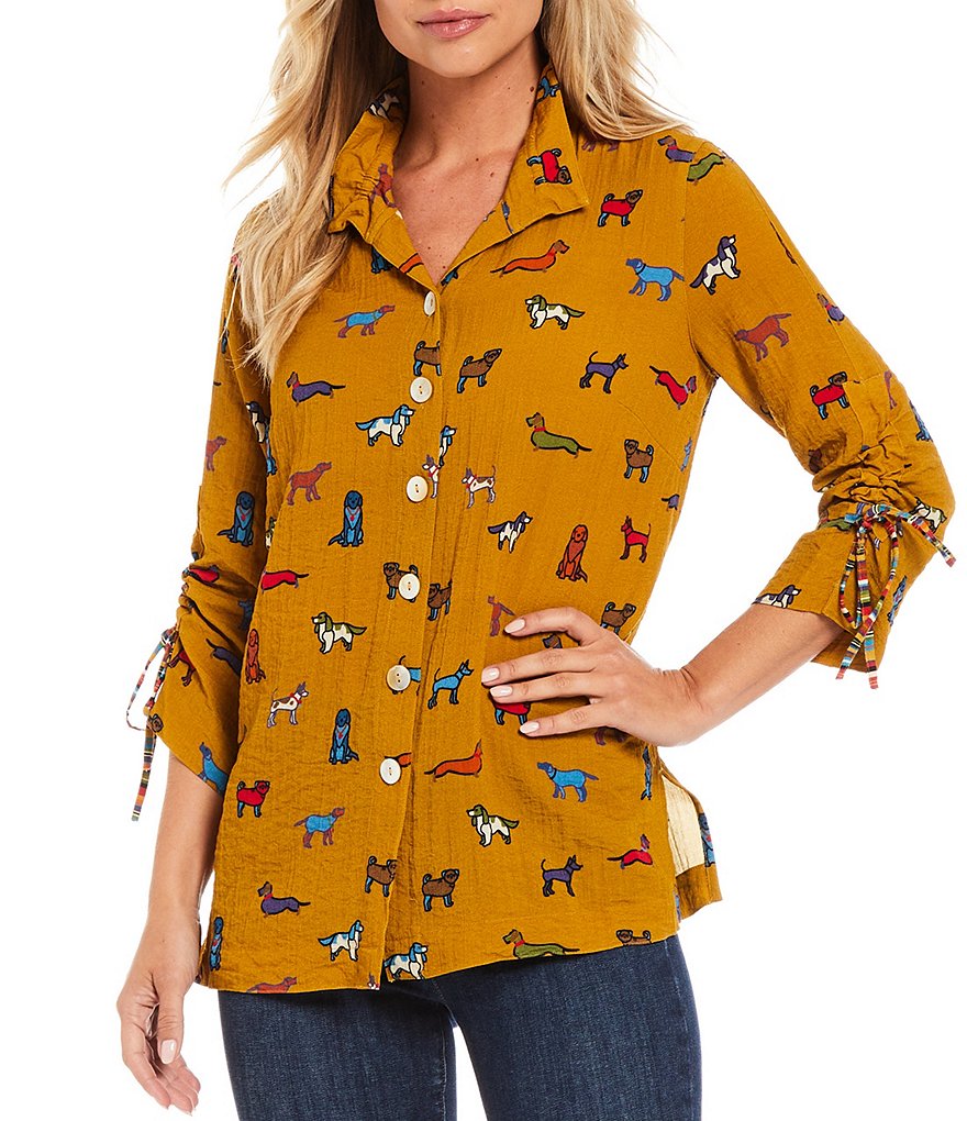 John Mark 3/4 Cinched Sleeve Point Collar Novelty Dog Print Button Front Shirt