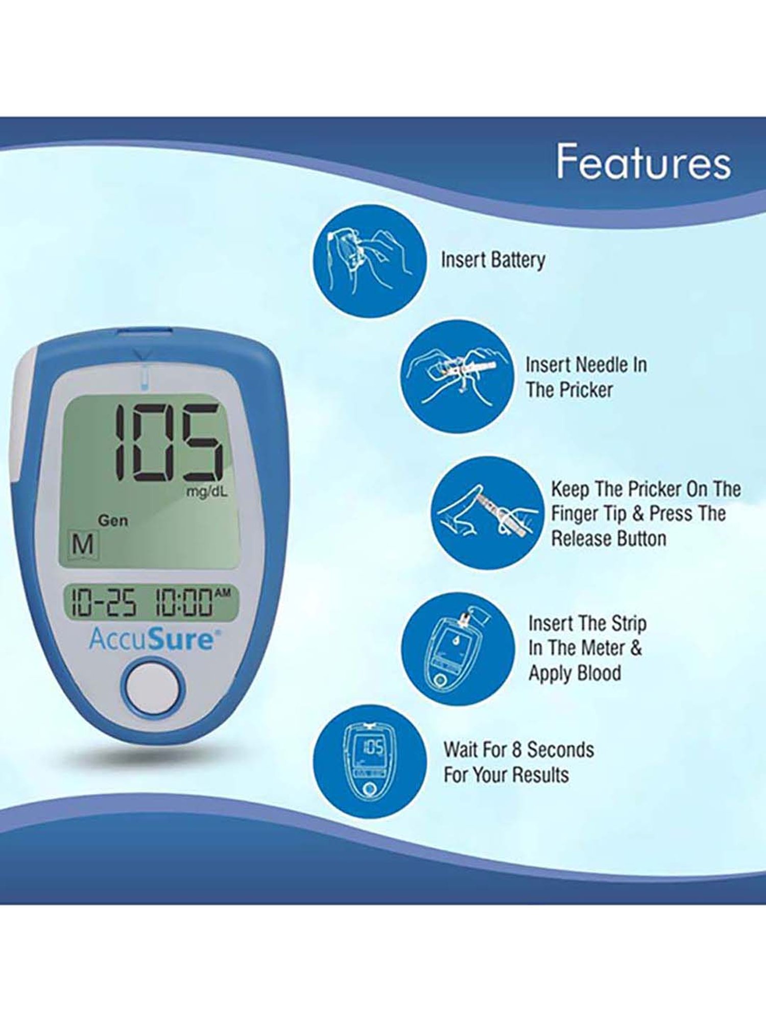AccuSure Blood Glucometer, Lancing Device with Pack of 50 strips (White)
