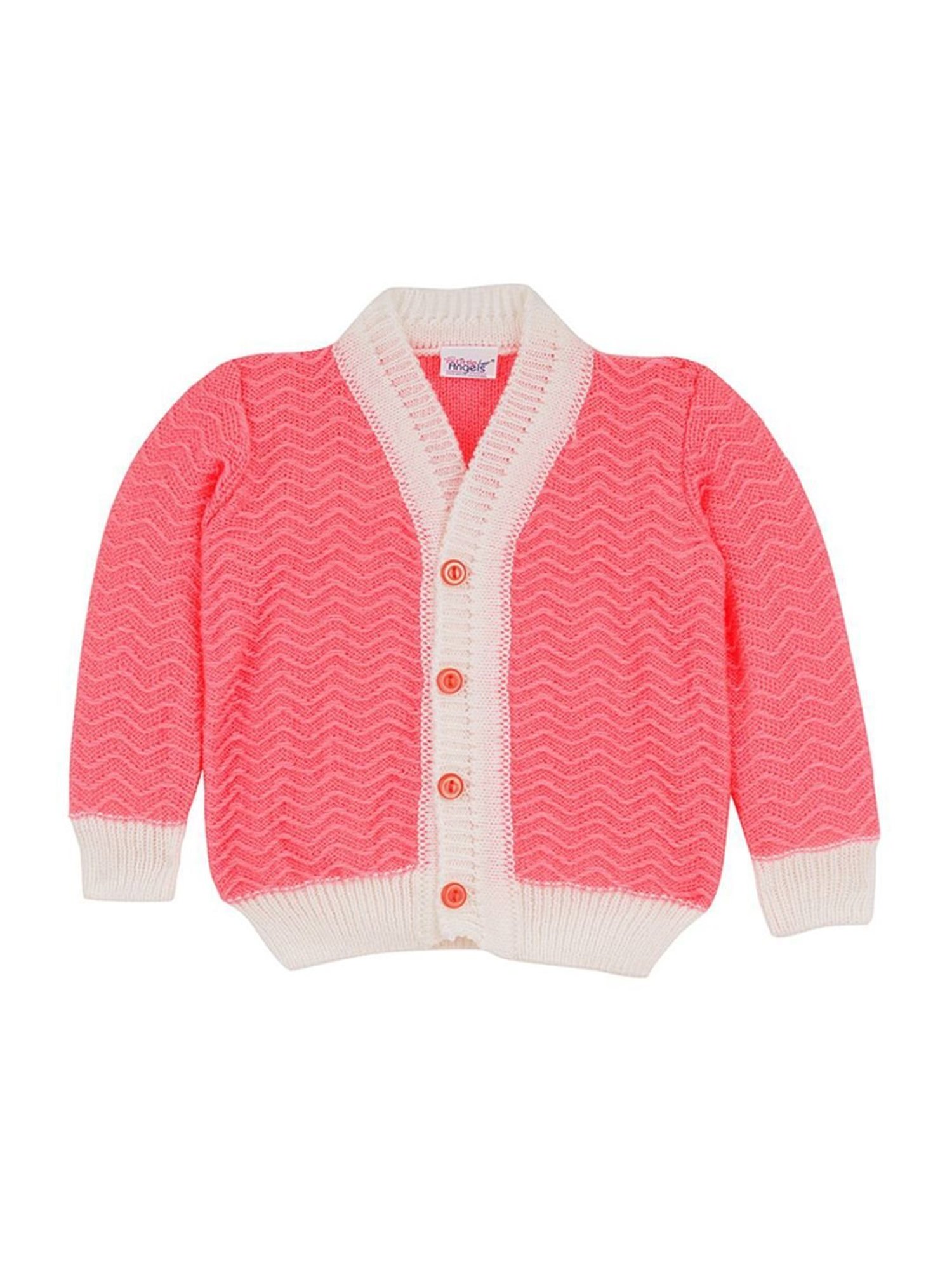 Little Angels Kids Pink & White Textured Pattern Full Sleeves Sweater Set