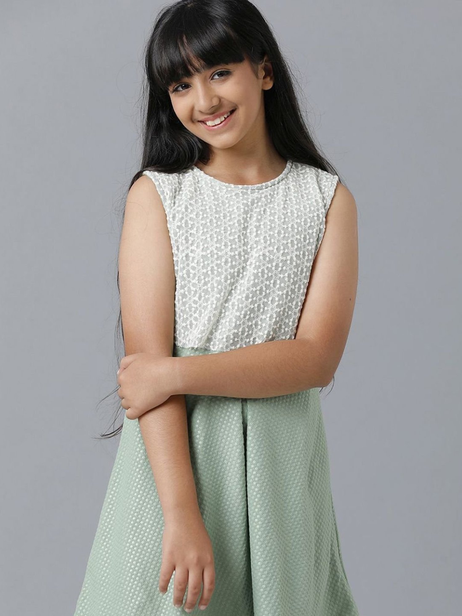 Under Fourteen Only Kids Green Cotton Embossed Dress