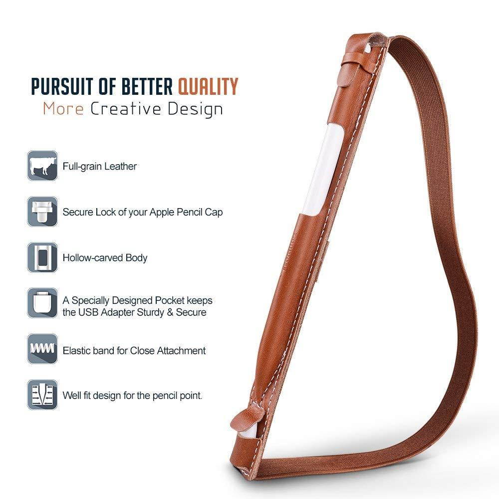 Fullmosa 4 Colors for Apple Pencil Holder, Genuine Leather Apple Pencil Sleeve with USB pocket Handmade Compatible with iPad Pro 12.9" Cases, Brown