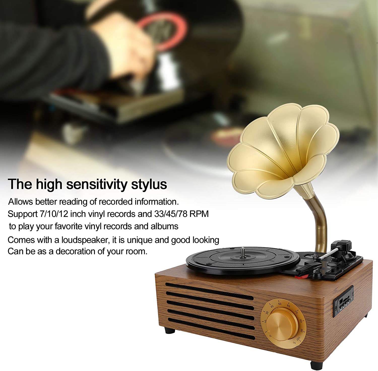 Vintage Petunias Record Player Bluetooth Turntable with 3 Built in Stereo Speakers USB Recording Phonograph