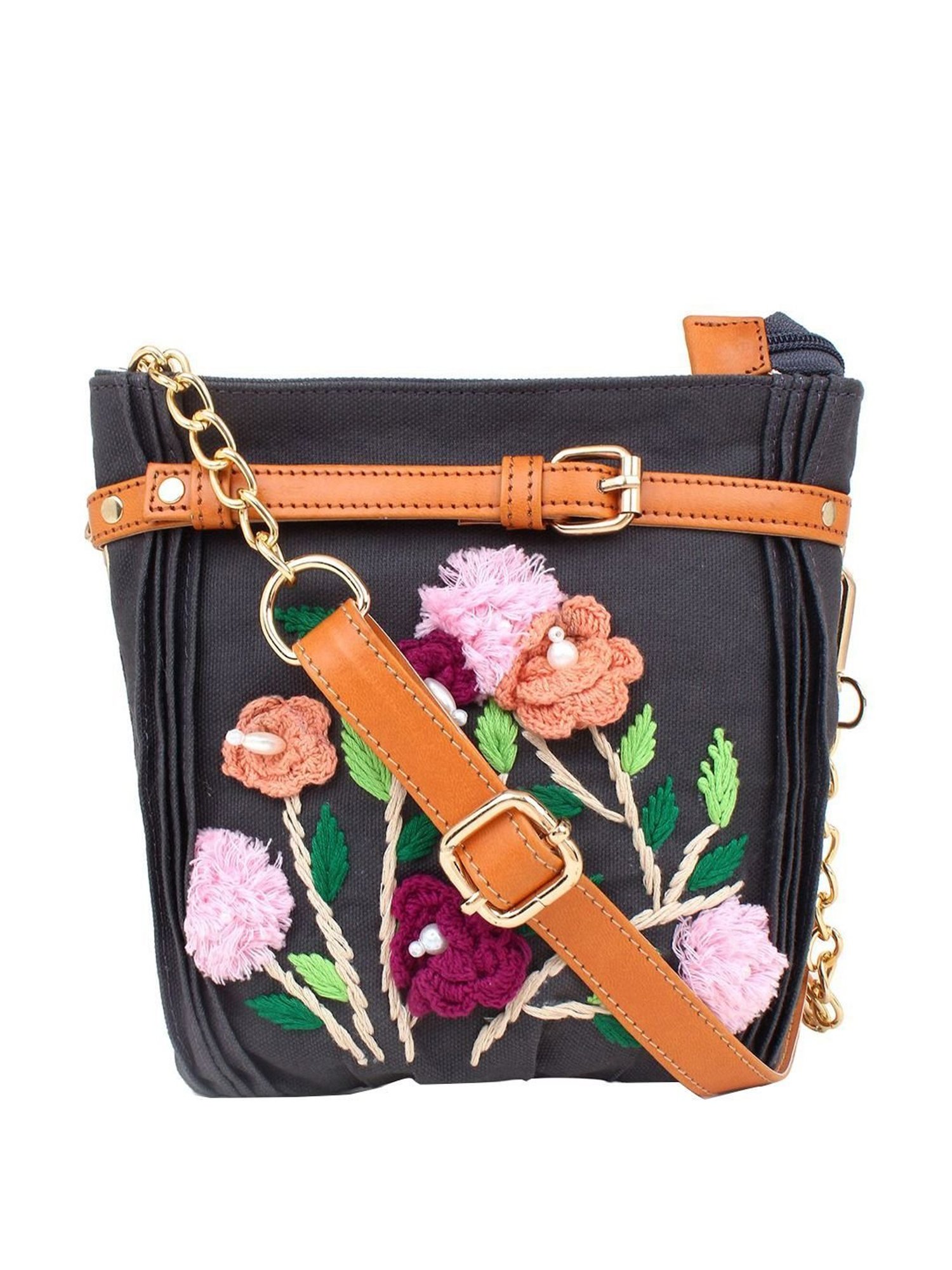 Spice Art Grey Embroidered Medium Sling Handbag