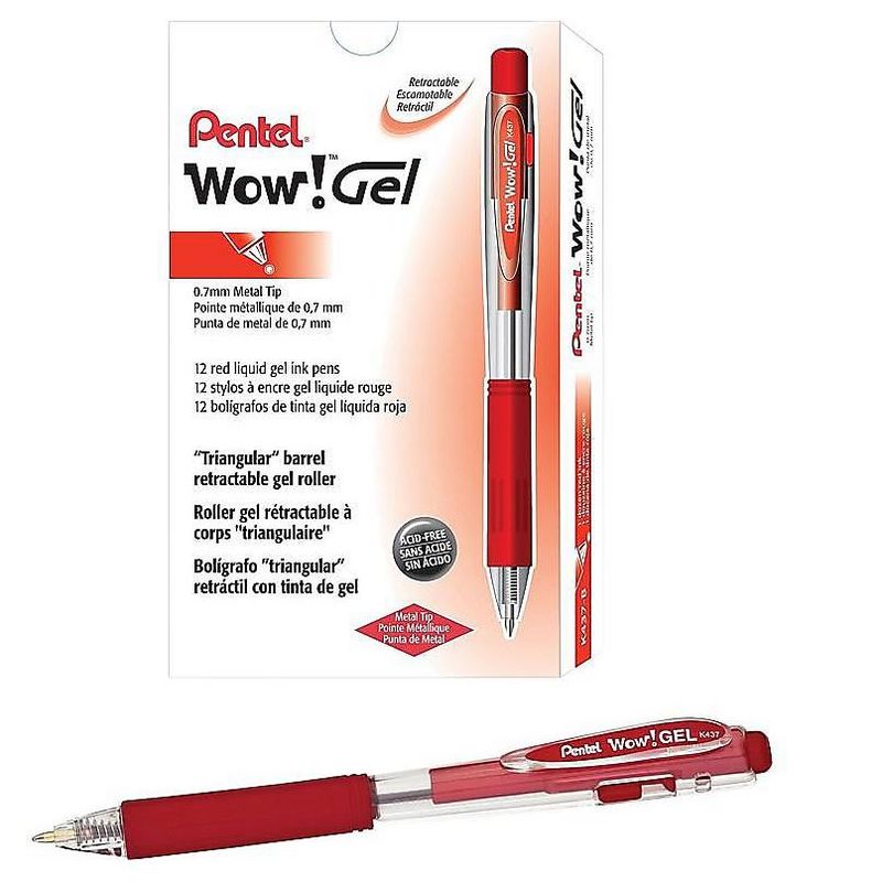 Pentel WOW! Retractable Gel Pen .7mm Trans Barrel Red Ink Dozen K437B
