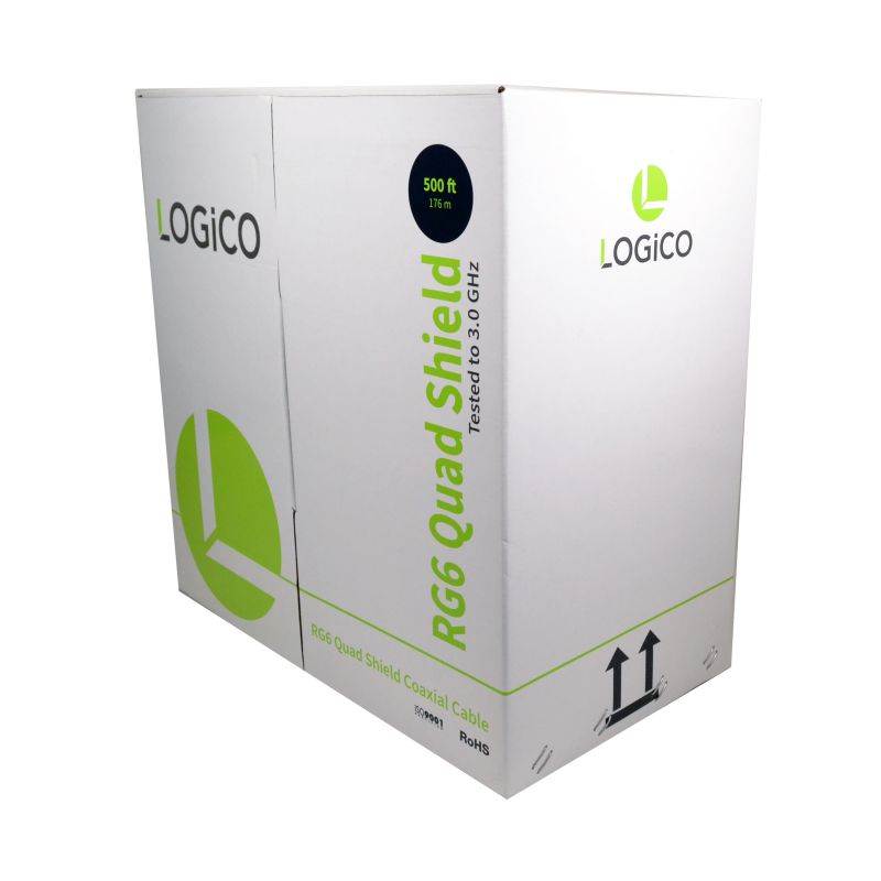 LOGICO RG6 Quad Shield Coaxial Cable 500FT White + 50 Piece F-Type Compression Connectors Kit