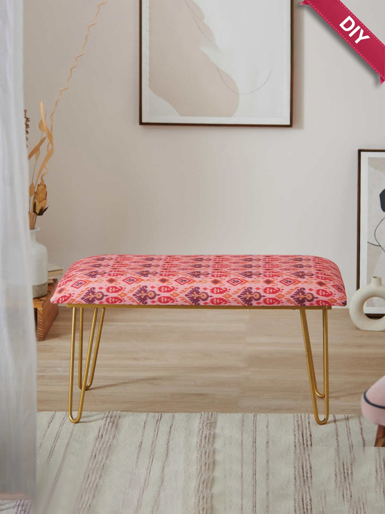 Chumbak Kitsch Earthy Ikat Pink Peach Iron Bench