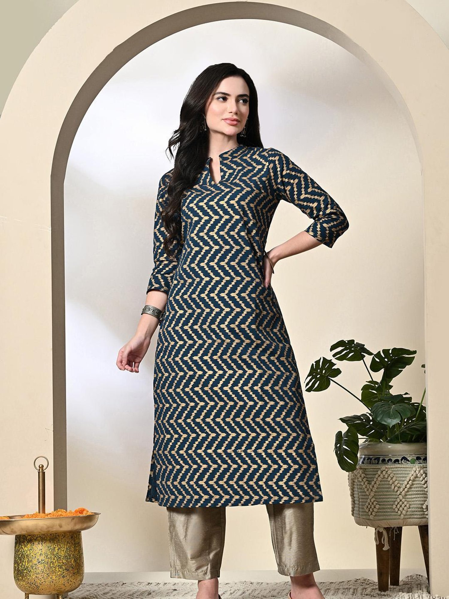 DECKEDUP Teal Printed Kurta With Pants