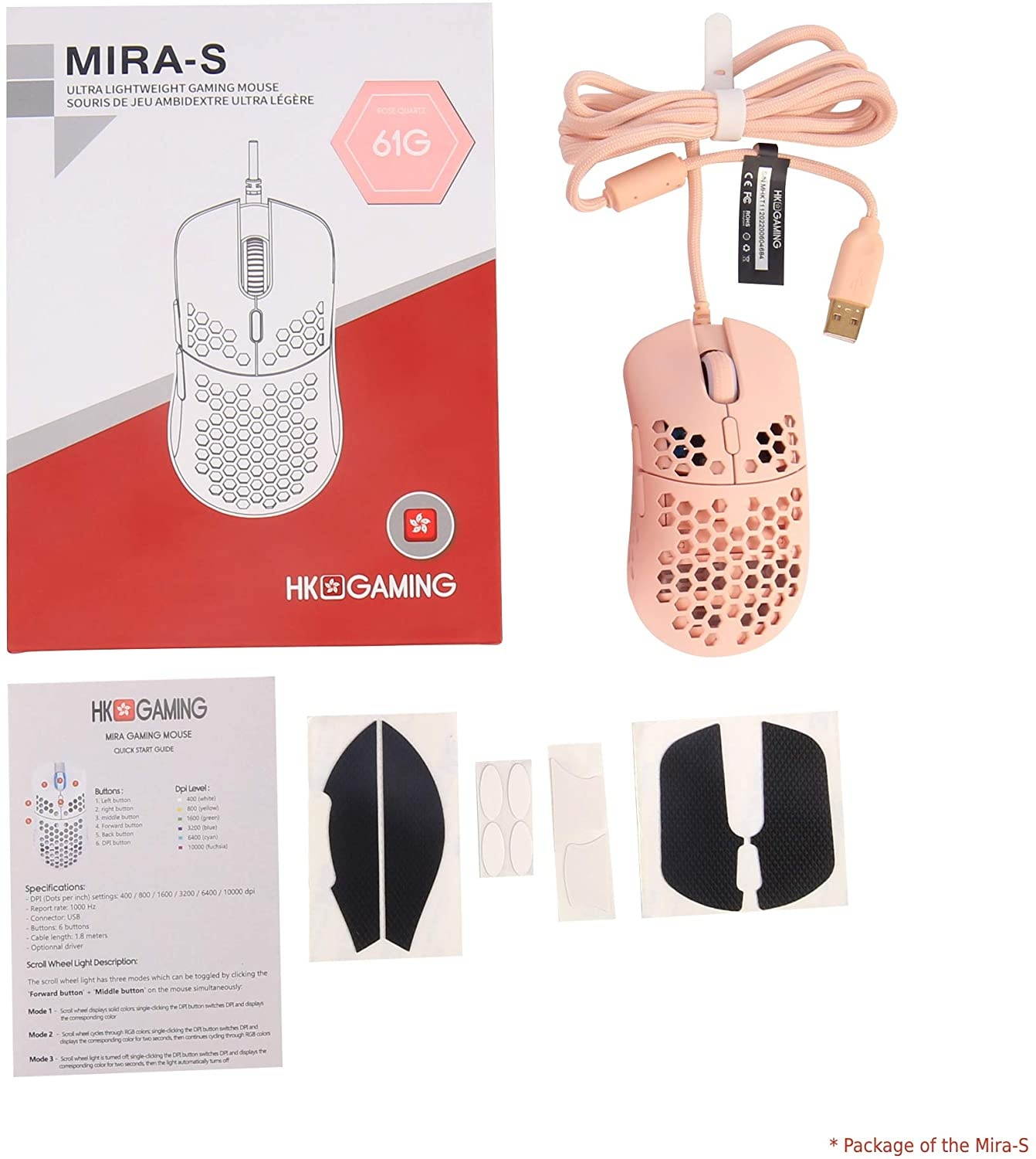 HK Gaming Mira S Ultra Lightweight Honeycomb Shell Wired RGB Gaming Mouse - Up to 12 000 cpi | 6 Buttons - 61g Only (Mira-S Rose Quartz)