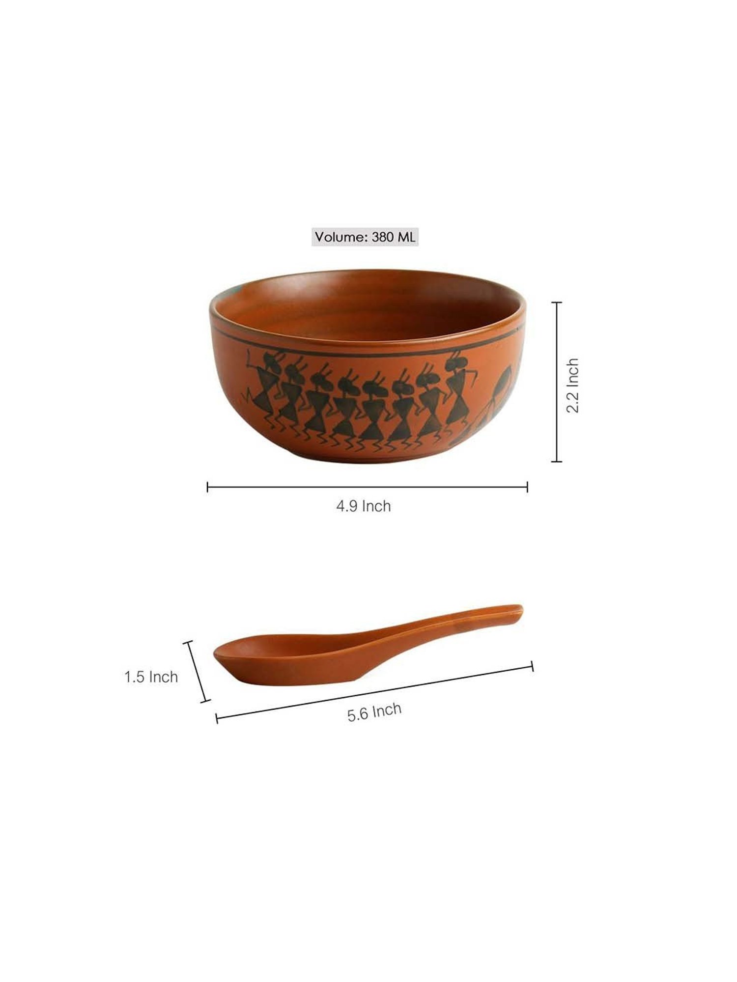 ExclusiveLane 'Bowl Dancing' Warli Hand-Painted Soup Bowls With Spoons In Ceramic (Set Of 2)