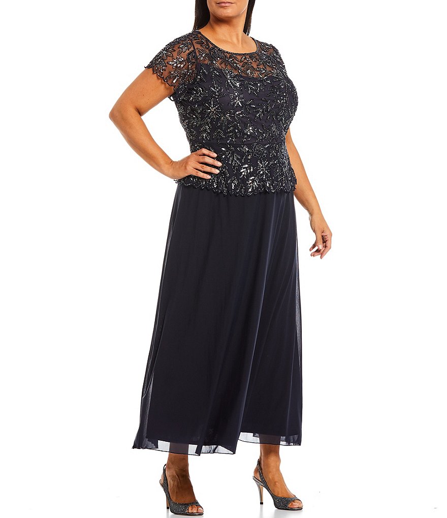 Pisarro Nights Plus Size Floral Vines Beaded Short Sleeve Peplum Flounce Bodice Chiffon Skirted Dress