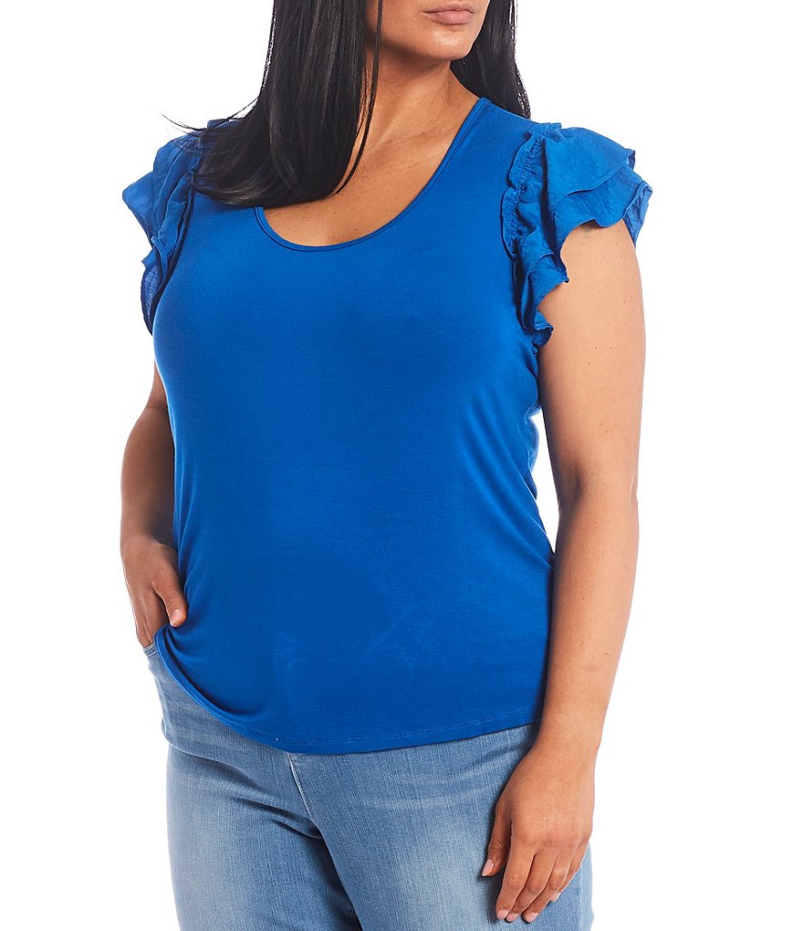 Democracy Plus Size Floral Print 3/4 Puff Sleeve V-Neck Knit Top