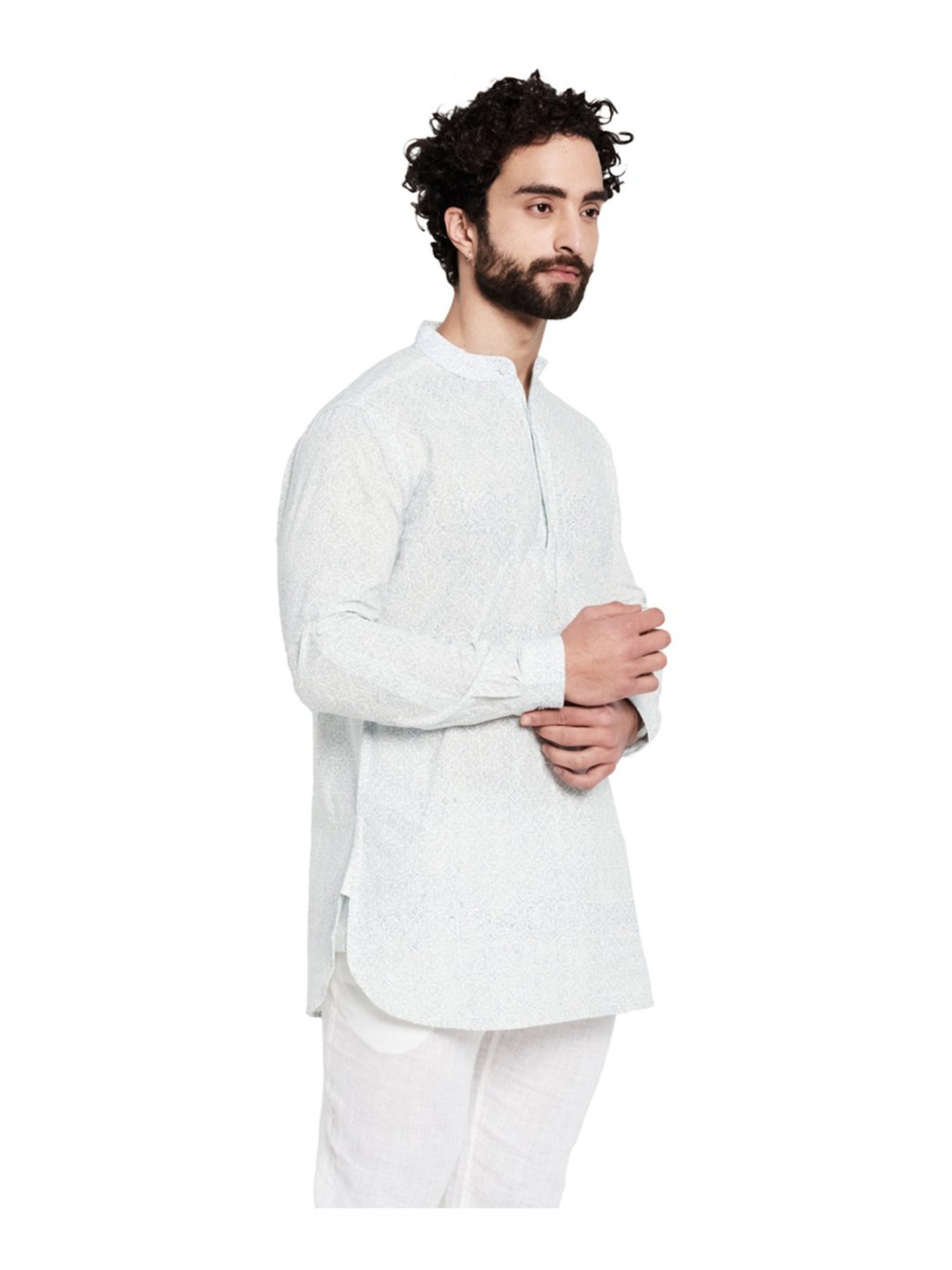 Fabindia White Cotton Printed Slim Fit Kurta