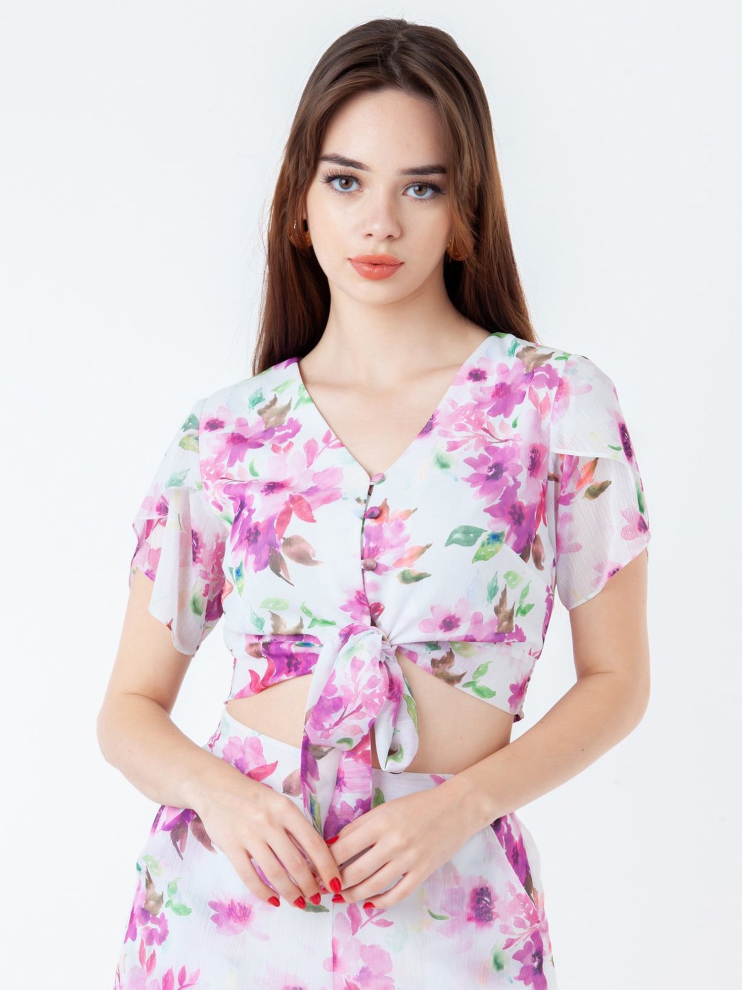 Zink London White & Lavender Floral Print Crop Top
