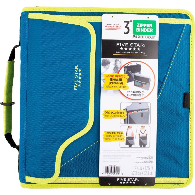 Five Star 850 Sheet 3" Ring Zipper Binder Teal/Yellow