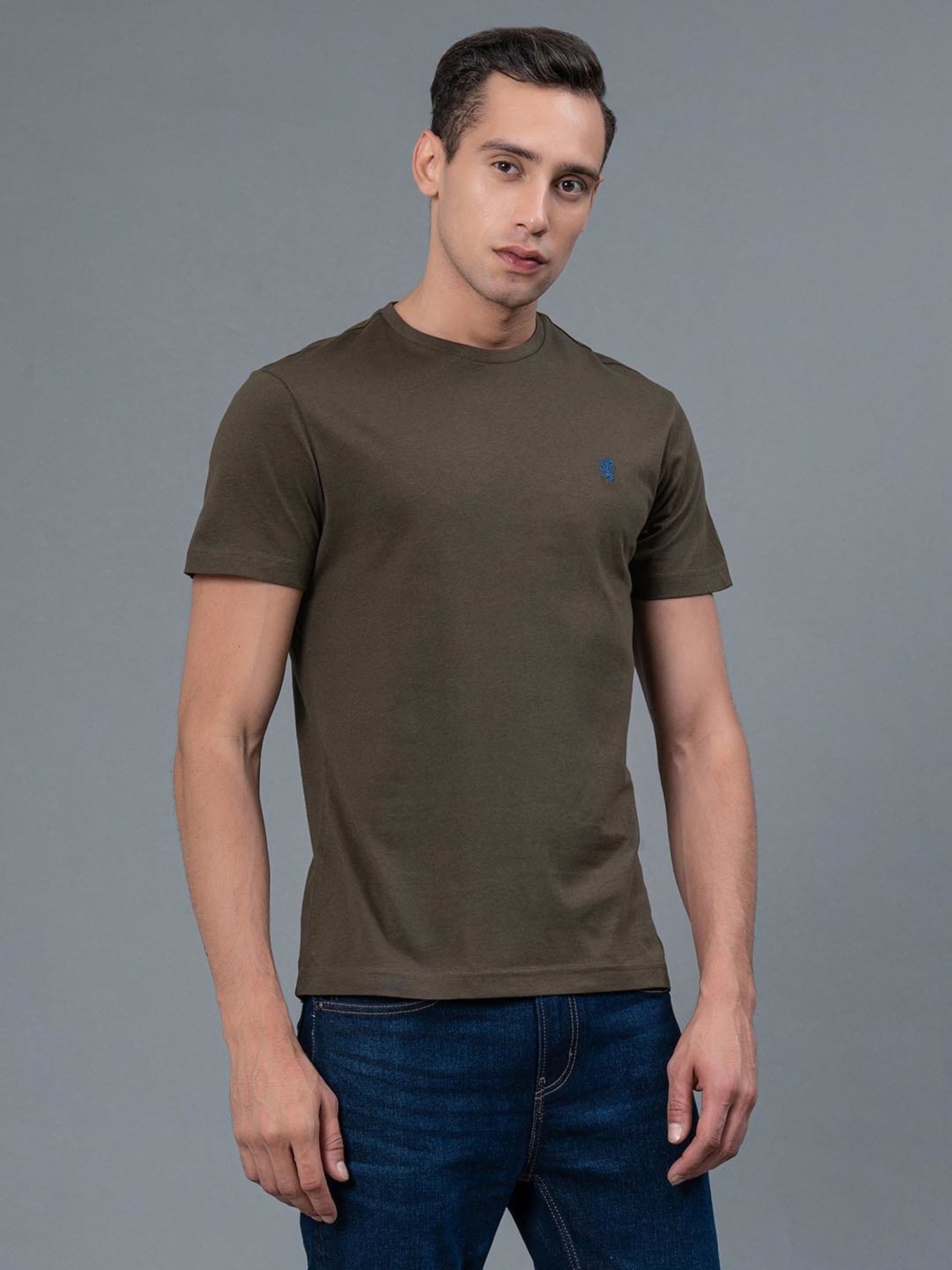 Red Tape Dark Olive Regular Fit Cotton Crew T-Shirt