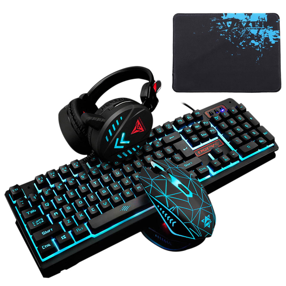 Kit 3 Ergonomics Metal Light Keyboard+Mouse+Headset Set Wired Game for PC