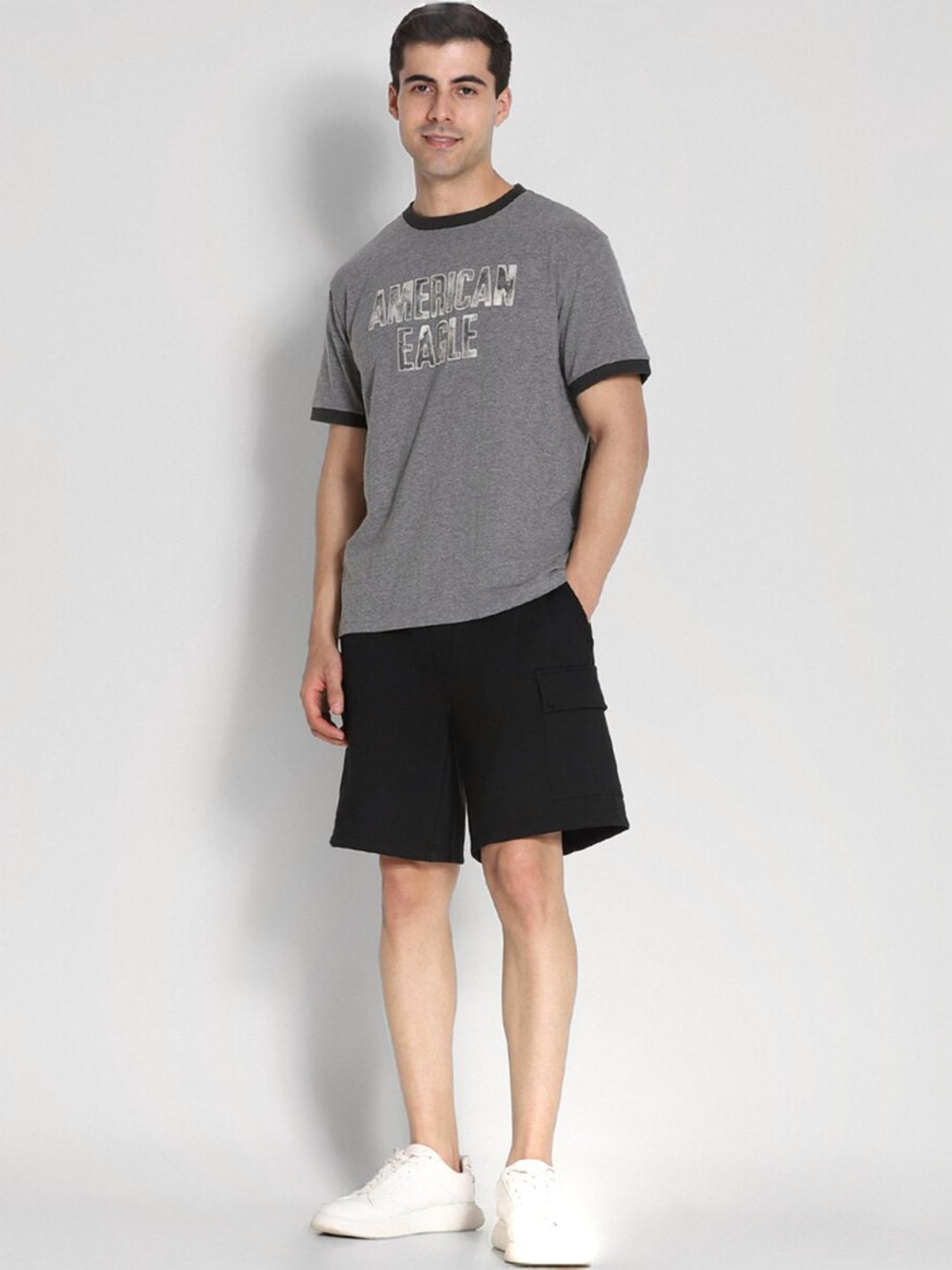 American Eagle Grey Regular Fit Logo Printed T-Shirt