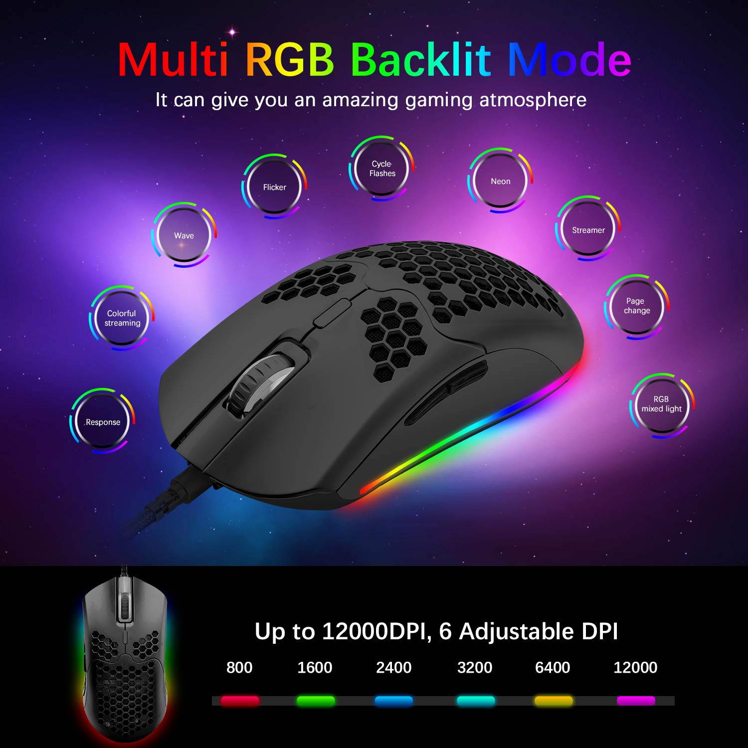 Lightweight Wired Gaming Mouse with 7 Button 26RGB Backlit Programmable Driver PAW3325 12000 DPI Optical Sensor Ultralight Ergonomic 65G Honeycomb Shell Ultraweave Cable for PC Xbox PS4 Gamer