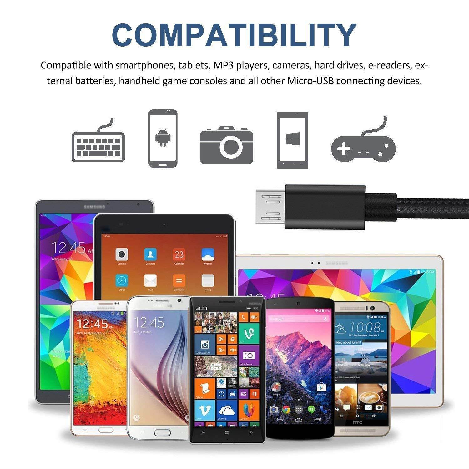 RoFI Micro USB Cable, [2Pack] 1.8M Samsung Charger, Nylon Braided Micro USB Charger, High Speed USB 2.0 A to Micro B Charging Cord Universal for HTC, S6, Kindle, Android, and More (Black, 6 Feet)