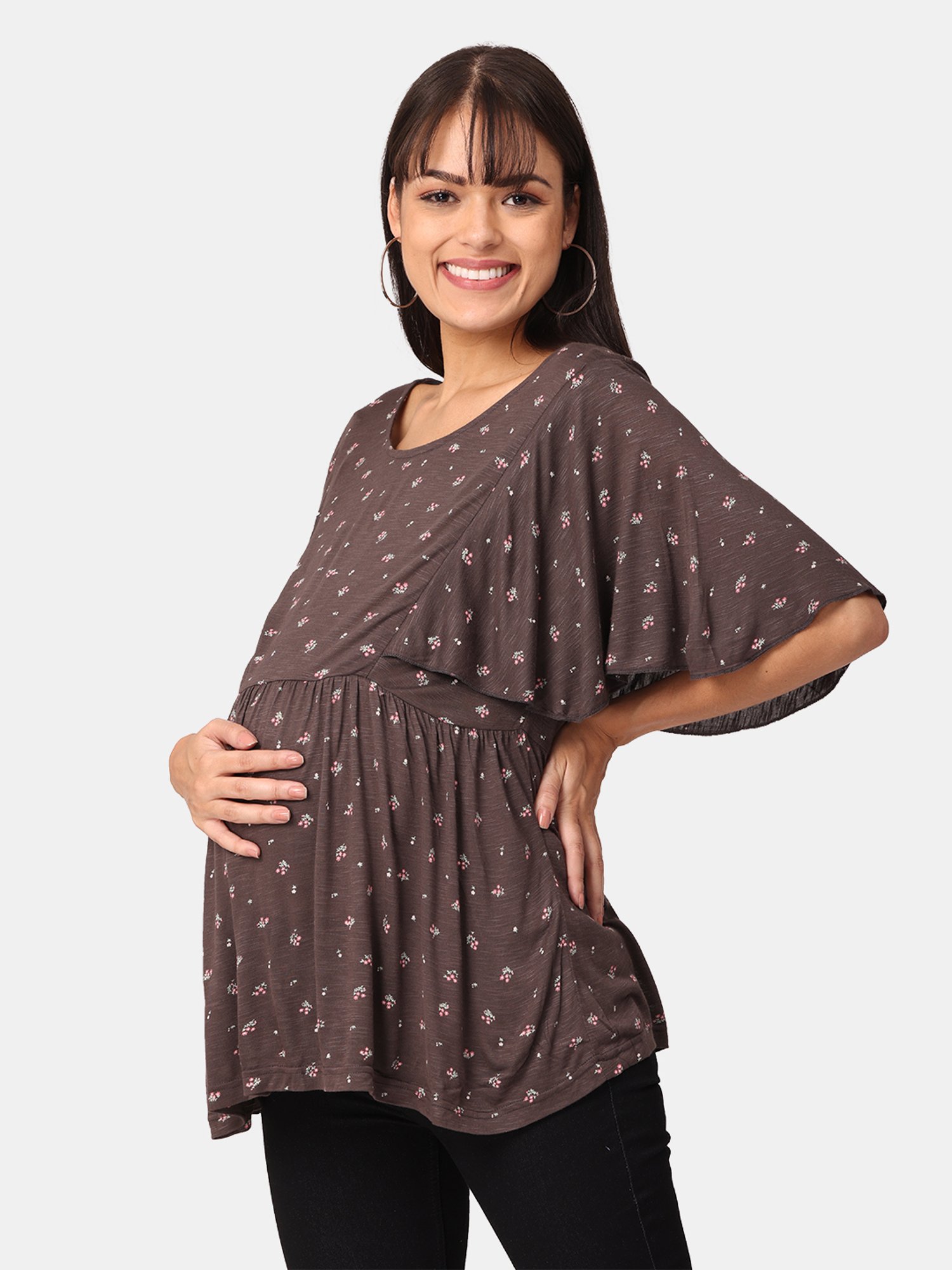 The Mom Store Dark Brown Printed Maternity Top